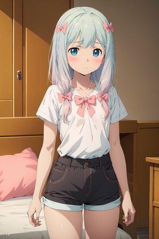 (masterpiece:1.2), best quality, absurdres, highres, (official art, beautiful and aesthetic:1.2), 1girl, izumi sagiri, cute, shy, loli, shirt, flat chest, short shorts, closed mouth, big eyes, blue eyes, pink bow, hair bow, blush, indoors