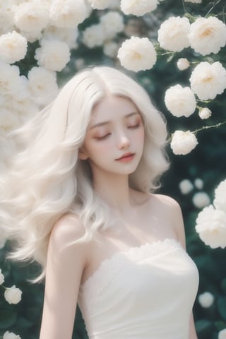 niji style, realistic,girly,solo,a beautiful woman in a white dress standing in front of a (flower covered wall) with white flowers on it,hair decoration, wavy hair, white hair,(windy:1.5) upper body shot, eyes closed,