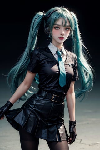 female, ((masterpiece, best quality, ultra detailed, absurdres):1.5),mikusound,miku, hatsune_miku, skirt, holding,shirt, gloves, holding, hair between eyes, twintails, very long hair, closed mouth, standing, short sleeves, pantyhose, pleated skirt, necktie, collared shirt, belt, miniskirt, aqua eyes, blue skirt, black pantyhose, black shirt, aqua hair,head phone, photorealistic, 