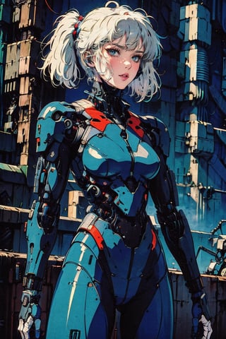 female, ((masterpiece, best quality, ultra detailed, absurdres):1,retroartstyle, short hair, white hair, half color hair, twin_tails, body suit, cyberpunk, cyborg, machine