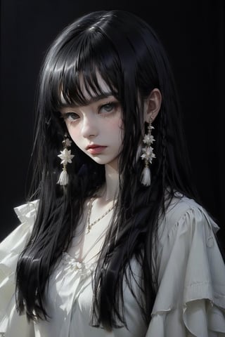 female, ((masterpiece, best quality, ultra detailed, absurdres):1.5), 1girl,solo,1girl,solo,long hair,looking at viewer,bangs,shirt,black hair,jewelry,closed mouth,white shirt,upper body,earrings,blunt bangs,white dress,black eyes,lips,black background,hime hair,sharp eyes