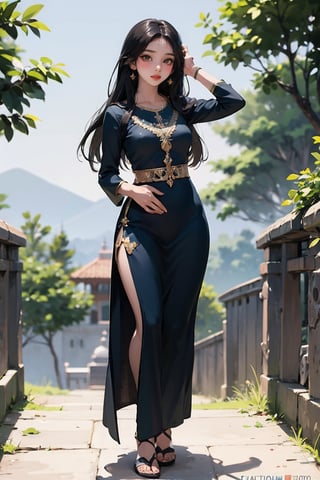 beautiful chubby cute young attractive girl indian face like kiara advani, teenage girl,village girl,18 year old,cute, instagram model,long black hair, indian blue kurta salwar from rajasthan, full body with environment, muslim dress, standing looking at her dress, flaunting the dress, dress unchanged