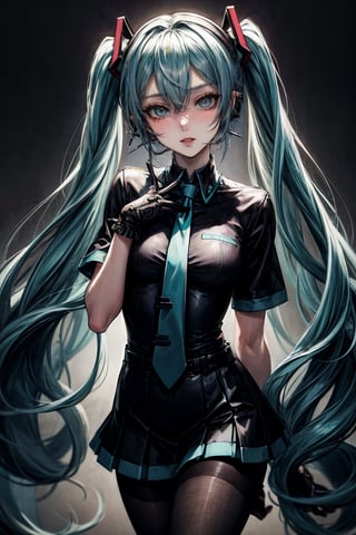 female, ((masterpiece, best quality, ultra detailed, absurdres):1.5),mikusound,miku, hatsune_miku, skirt, holding,shirt, gloves, holding, hair between eyes, twintails, very long hair, closed mouth, standing, short sleeves, pantyhose, pleated skirt, necktie, collared shirt, belt, miniskirt, aqua eyes, blue skirt, black pantyhose, black shirt, aqua hair,head phone, photorealistic, 