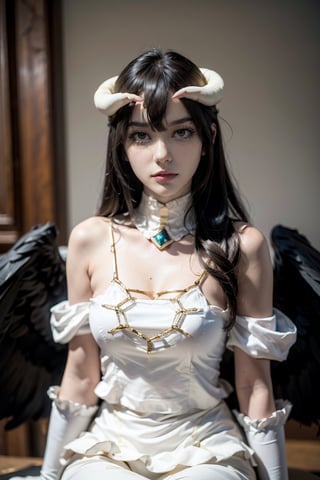 female, ((masterpiece, best quality, ultra detailed, absurdres),
solo, albedo, white dress, detached collar, elbow gloves, black wings, looking at viewer,albedo, sitting,al1, demon horns, white gloves