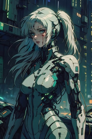 female, ((masterpiece, best quality, ultra detailed, absurdres):1,retroartstyle, short hair, white hair, half color hair, twin_tails, body suit, cyberpunk, cyborg, machine, bloody stream