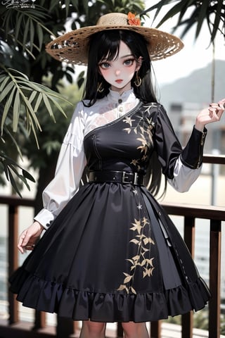 female, ((masterpiece, best quality, ultra detailed, absurdres),
1girl,solo,long hair,looking at viewer,black hair,long sleeves,hat,dress,standing,