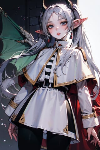 female, ((masterpiece, best quality, ultra detailed, absurdres):1, frieren, long hair, twintails, (green eyes:1.5), grey hair, pointy ears, elf,
shirt, long sleeves, jewelry, pantyhose, earrings, striped, black pantyhose, capelet, striped shirt, dragon ears