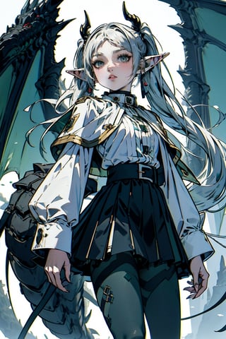 female, ((masterpiece, best quality, ultra detailed, absurdres):1, frieren, long hair, twintails, (green eyes:1.5), grey hair, pointy ears, elf,
shirt, long sleeves, jewelry, pantyhose, earrings, striped, black pantyhose, capelet, striped shirt, dragon ears