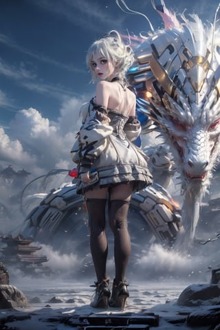 female, ((masterpiece, best quality, ultra detailed, absurdres):1.5),official art, unity 8k wallpaper, ultra detailed, beautiful and aesthetic, masterpiece, best quality, realistic, noir, bare shoulders, jacket, low ponytail, ponytail, pantyhose, sleeveless, off shoulder, open jacket, black jacket, black pantyhose, (white dress), necklace,noir,urban techwear,mecha dragon