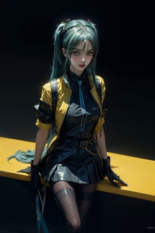 female, ((masterpiece, best quality, ultra detailed, absurdres):1.5),mikusound,,miku, hatsune_miku, skirt, holding,shirt, gloves, holding, hair between eyes, twintails, very long hair, closed mouth, standing, short sleeves, pantyhose, pleated skirt, necktie, collared shirt, belt, miniskirt, aqua eyes, blue skirt, black pantyhose, black shirt, aqua hair,head phone, photorealistic, viewed_from_above