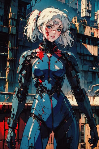 female, ((masterpiece, best quality, ultra detailed, absurdres):1,retroartstyle, short hair, white hair, half color hair, twin_tails, body suit, cyberpunk, cyborg, machine, bloody stream