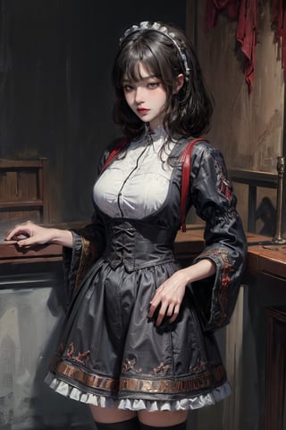 female, ((masterpiece, best quality, ultra detailed, absurdres):1.5), 1girl, bangs,beautiful,black hair,outside, long skirt, full moon, village,demonictech, white hair, evil, maid_costume