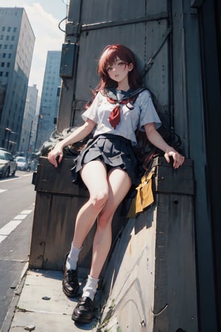 female, ((masterpiece, best quality, ultra detailed, absurdres), girl), (beauty girl), (ultra-high picture quality),red hair,hornsgirl, long skirt, full_body, from below,mitakihara school uniform, cybernetic, city background, closed up, curvy_figure, mechanical , looking_at_viewer, sitting_down,Masterpiece