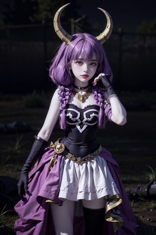 (masterpiece,  top quality,  best quality,  official art,  beautiful and aesthetic:1.2),  (1girl:1.3),  heterochromia , aura the guillotine, long hair, (purple eyes:1.1), purple hair, braid, horns, twin braids,skirt, thighhighs, gloves, choker, black gloves, elbow gloves, ,aura the guillotine, shadows, summoning undead soldiers,photorealistic