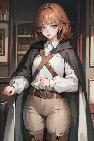 female, ((masterpiece, best quality, ultra detailed, absurdres),
heterochromia ,neia, bags_under_eyes, white shirt, black cloak, brown pants, thigh boots, belt, small pupils,retro,chung
