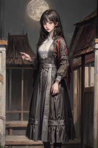 female, ((masterpiece, best quality, ultra detailed, absurdres):1.5), 1girl, bangs,beautiful,black hair,outside, long skirt, full moon, village