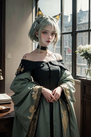 female, ((masterpiece, best quality, ultra detailed, absurdres):1.5),official art, unity 8k wallpaper, ultra detailed, beautiful and aesthetic, masterpiece, best quality, realistic, masterpiece, highres, high quality, indoors, 1girl, solo, green eyes, gradient hair, kaldef, animal ears