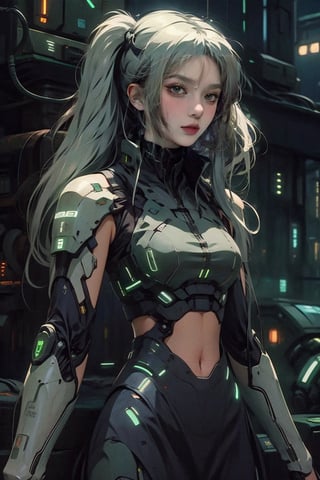 female, ((masterpiece, best quality, ultra detailed, absurdres):1,retroartstyle, short hair, white hair, half color hair, twin_tails, croptop, navel, black shirt, skirt