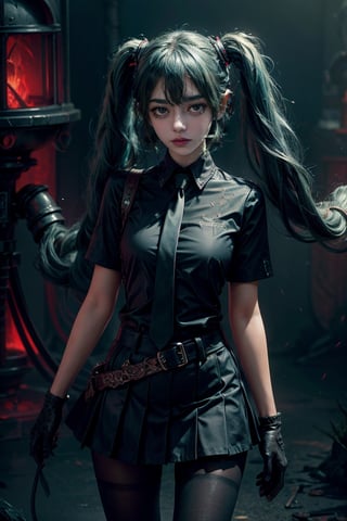 female, ((masterpiece, best quality, ultra detailed, absurdres):1.5),mikusound,miku, hatsune_miku, skirt, holding,shirt, gloves, holding, hair between eyes, twintails, very long hair, closed mouth, standing, short sleeves, pantyhose, pleated skirt, necktie, collared shirt, belt, miniskirt, aqua eyes, blue skirt, black pantyhose, black shirt, aqua hair,head phone, photorealistic, ,demonictech