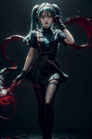 female, ((masterpiece, best quality, ultra detailed, absurdres):1.5),mikusound,miku, hatsune_miku, skirt, holding,shirt, gloves, holding, hair between eyes, twintails, very long hair, closed mouth, standing, short sleeves, pantyhose, pleated skirt, necktie, collared shirt, belt, miniskirt, aqua eyes, blue skirt, black pantyhose, black shirt, aqua hair,head phone, photorealistic, ,demonictech