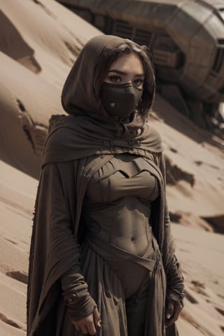 female, ((masterpiece, best quality, ultra detailed, absurdres),solo, 1girl,solo,small breasts,looking at viewer,dune, hoodie, cloak, dessert, masked