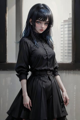 female, ((masterpiece, best quality, ultra detailed, absurdres), girl), (beauty girl), (ultra-high picture quality),blue hair,hornsgirl, shirt, long skirt, skull