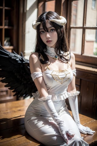 female, ((masterpiece, best quality, ultra detailed, absurdres),
solo, albedo, white dress, detached collar, elbow gloves, black wings, looking at viewer,albedo, sitting,al1, demon horns