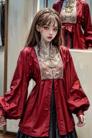 female, ((masterpiece, best quality, ultra detailed, absurdres):1.5), 1girl, bangs,beautiful,red  hair,vnaodai, long_sleeves 