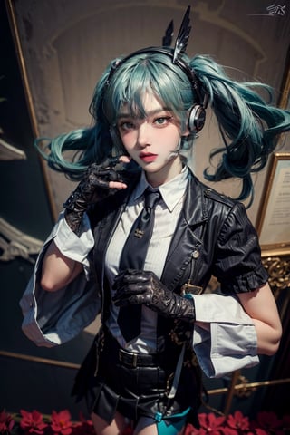 female, ((masterpiece, best quality, ultra detailed, absurdres):1.5),mikusound,,miku, hatsune_miku, skirt, holding,shirt, gloves, holding, hair between eyes, twintails, very long hair, closed mouth, standing, short sleeves, pantyhose, pleated skirt, necktie, collared shirt, belt, miniskirt, aqua eyes, blue skirt, black pantyhose, black shirt, aqua hair,head phone, photorealistic, viewed_from_above