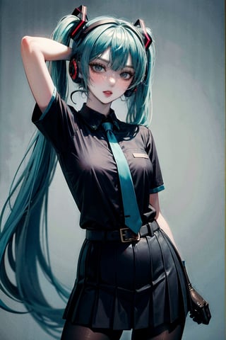 female, ((masterpiece, best quality, ultra detailed, absurdres):1.5),miku, hatsune_miku, skirt, holding,shirt, gloves, holding, hair between eyes, twintails, very long hair, closed mouth, standing, short sleeves, pantyhose, pleated skirt, necktie, collared shirt, belt, miniskirt, aqua eyes, blue skirt, black pantyhose, black shirt, aqua hair,head phone, 