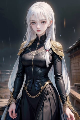 female, ((masterpiece, best quality, ultra detailed, absurdres), girl), (beauty girl), (ultra-high picture quality),rain, white hair,cowboy_shot