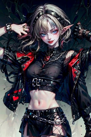 1girl, (masterpiece, best quality, ultra detailed, absurdres)1.5, 1girl, (sexy, beautiful woman, perfect face, ,mgedemon,SharpEyess,choker crown open jacket short sleeves shorts midriff studded belt fishnets chain gloves bracelet,white hair, elf, firearm, skirt, from above,demonictech