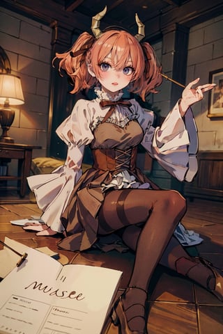 female, ((masterpiece, best quality, ultra detailed, absurdres),
liniefrieren, long sleeves, ribbon, hair between eyes, twintails, hair ribbon, horns, puffy sleeves, juliet sleeves, brown bow, brown ribbon, pantyhose, brown footwear, brown dress, wide sleeves,liniefrieren