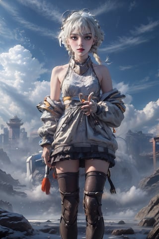 female, ((masterpiece, best quality, ultra detailed, absurdres):1.5),official art, unity 8k wallpaper, ultra detailed, beautiful and aesthetic, masterpiece, best quality, realistic, noir, bare shoulders, jacket, low ponytail, ponytail, pantyhose, sleeveless, off shoulder, open jacket, black jacket, black pantyhose, (white dress), necklace,noir,urban techwear,mecha dragon