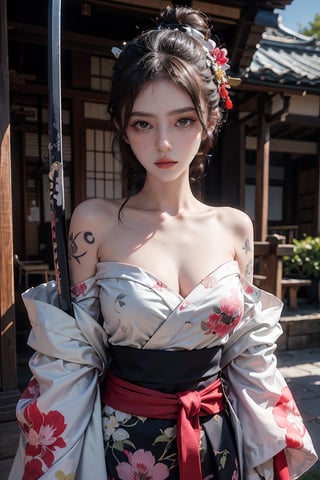 female, ((masterpiece, best quality, ultra detailed, absurdres),breasts,looking at viewer,blush,hair ornament,bare shoulders,upper body,japanese clothes,sword,kimono,off shoulder,hair bun,sash,tattoo,mask,holding sword,floral print,katana,sheathed,hairpin,arm tattoo,shoulder tattoo
,urban techwear