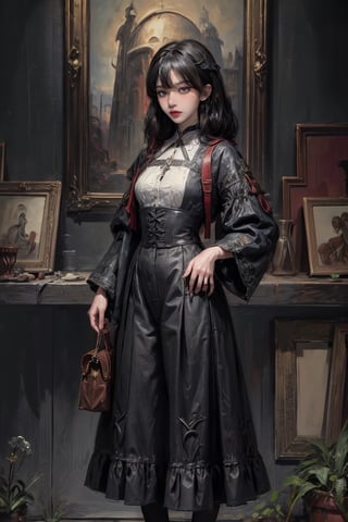 female, ((masterpiece, best quality, ultra detailed, absurdres):1.5), 1girl, bangs,beautiful,black hair,outside, long skirt, full moon, village,demonictech, white hair, evil