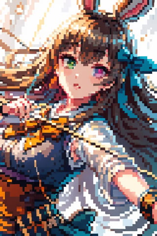 female, ((masterpiece, best quality, ultra detailed, absurdres),solo, 1girl,solo,small breasts,looking at viewer, heterochromia  ,looking at viewer, long hair, bangs, brown hair,bow,arrow,archer, bunny ears, arrow japanese, dynamic pose, blue_yukata,Pixel art