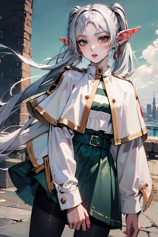 female, ((masterpiece, best quality, ultra detailed, absurdres):1, frieren, long hair, twintails, (green eyes:1.5), grey hair, pointy ears, elf,
shirt, long sleeves, jewelry, pantyhose, earrings, striped, black pantyhose, capelet, striped shirt, dragon ears