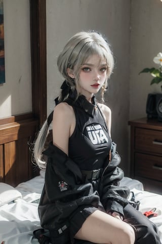 female, ((masterpiece, best quality, ultra detailed, absurdres):1.5),official art, unity 8k wallpaper, ultra detailed, beautiful and aesthetic, masterpiece, best quality, realistic, masterpiece, highres, high quality, indoors, 1girl, solo, noir, bedroom, t-shirt, white t-shirt, shorts, sleeveless, sitting, sitting on a bed, medium body, looking at viewer, low ponytail, ponytail,urban techwear,dream_girl,noir