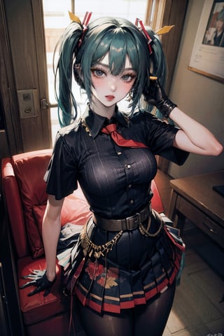 female, ((masterpiece, best quality, ultra detailed, absurdres):1.5),mikusound,miku, hatsune_miku, skirt, holding,shirt, gloves, holding, hair between eyes, twintails, very long hair, closed mouth, standing, short sleeves, pantyhose, pleated skirt, necktie, collared shirt, belt, miniskirt, aqua eyes, blue skirt, black pantyhose, black shirt, aqua hair,head phone, photorealistic, 