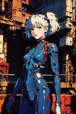 female, ((masterpiece, best quality, ultra detailed, absurdres):1,retroartstyle, short hair, white hair, half color hair, twin_tails, body suit, evangelion