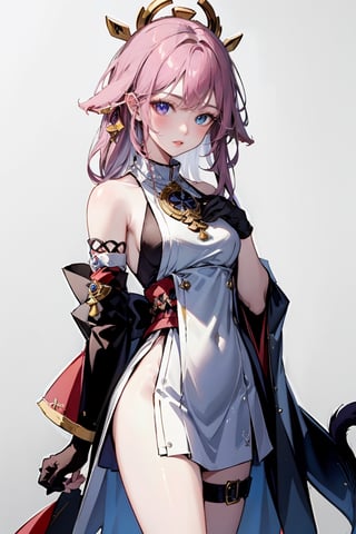 (masterpiece, top quality, best quality, official art, beautiful and aesthetic:1.2), (1girl:1.3), heterochromia, SharpEyess, mismatched gloves, thigh strap, fantasy background, black_cat, ,yaemikodef