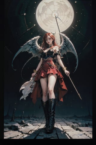 female, ((masterpiece, best quality, ultra detailed, absurdres), girl), (beauty girl), (ultra-high picture quality),red hair,hornsgirl, long skirt, standing, full_body, from below, witch, angel_wings, cybernetic, city background, closed up, curvy_figure, 