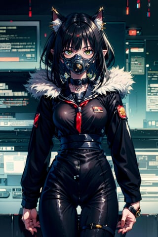 female,(masterpiece, best quality, ultra detailed, absurdres)1.5,1girl, christmas themes:1.2, evil_smile,hackedtech,choker crown ,  cat ears , 1girl, fubuki, expressionless, cgreen hair, taut clothes, fur coat, jewelry, necklace, body suit,scifi, long hair,cyberpunk,data stream, gas mask, techmask,pixelated, dynamic poses,1girl short hair,mgedemon