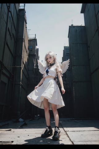 female, ((masterpiece, best quality, ultra detailed, absurdres), girl), (beauty girl), (ultra-high picture quality),white hair,hornsgirl, long skirt, standing, wide shot, full_body, from below, witch, angel_wings, cybernetic, city background, 