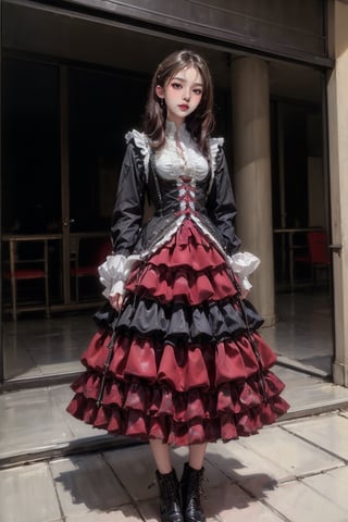 female, ((masterpiece, best quality, ultra detailed, absurdres):1.5), 1girl, bangs,beautiful,black hair,outside, long skirt,lolidress