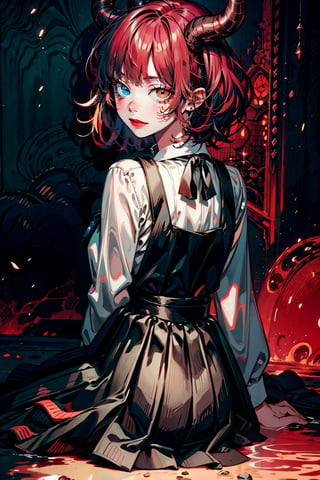 female,(masterpiece, best quality, ultra detailed, absurdres)1.5,white shirt black dress neck ribbon,1girl short hair,demonictech, red hair, bangs, sitting, from_behind, looking_at_viewer 