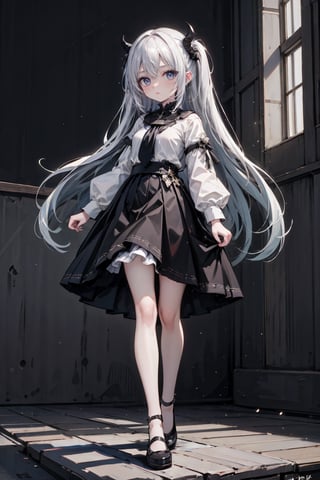 female, ((masterpiece, best quality, ultra detailed, absurdres), girl), (beauty girl), (ultra-high picture quality),white hair,hornsgirl, shirt, long skirt, standing, wide shot, full_body, from below