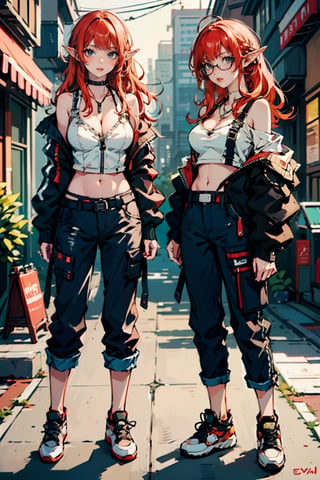female, ((masterpiece, best quality, ultra detailed, absurdres),(1elf girl), (beauty elf girl), (ultra-high picture quality), masterpieces, relaxed vibe, holding a beverage, She's dressed in a trendy techwear outfit, perhaps a stylish jacket and jeans, with comfortable sneakers, sunlight casting warm tones, street ambiance, urban setting. Perfect body, (E-cup:1.2), overalls, light smile, fresh, (asymmetrical bangs:1.3), 1girl, solo,long hair,breasts,looking at viewer,large breasts,navel,cleavage,bare shoulders,red hair,glasses,midriff,belt,necklace,off shoulder,lips,crop top,black pants,zipper


,urban techwear,hornsgirl