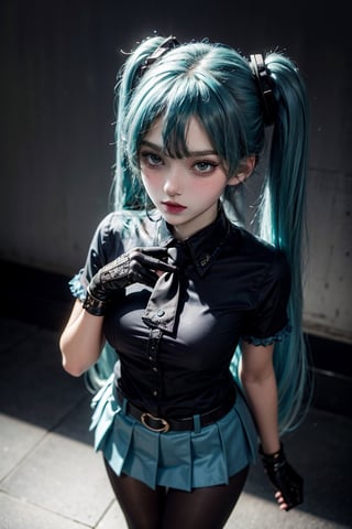 female, ((masterpiece, best quality, ultra detailed, absurdres):1.5),mikusound,,miku, hatsune_miku, skirt, holding,shirt, gloves, holding, hair between eyes, twintails, very long hair, closed mouth, standing, short sleeves, pantyhose, pleated skirt, necktie, collared shirt, belt, miniskirt, aqua eyes, blue skirt, black pantyhose, black shirt, aqua hair,head phone, photorealistic, viewed_from_above